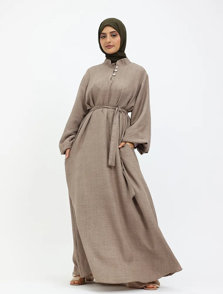 Mocha Linen Feel Nehru Collar Maxi